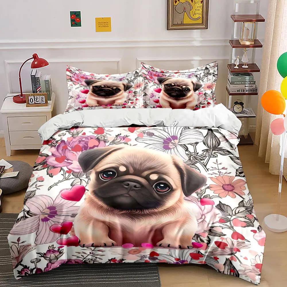 Set copripiumino con motivo cucciolo di cane dei cartoni animati con fiori e cuori, stampa digitale, biancheria da letto colorata in poliestere con chiusura a cerniera, regali