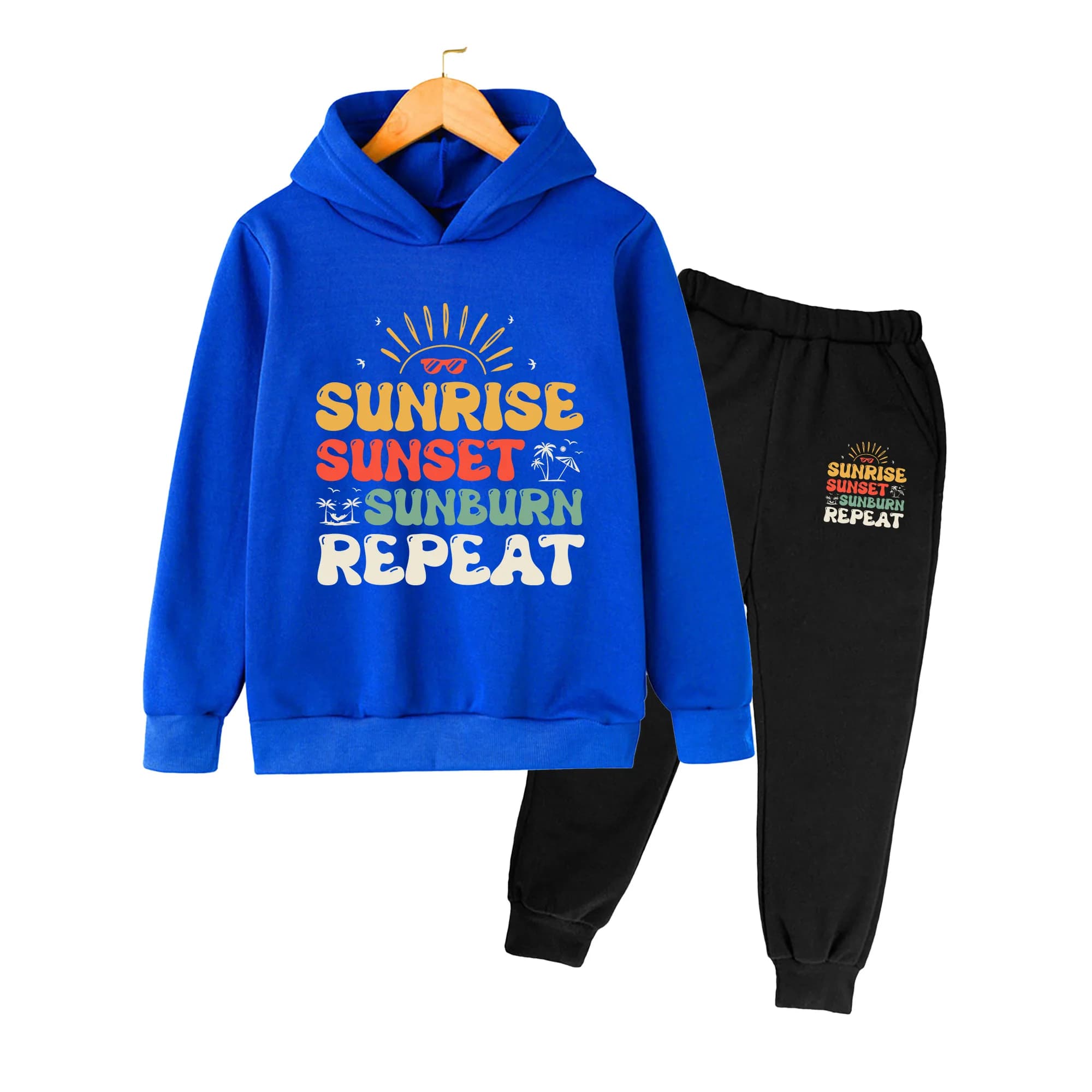Sunrise Sunset Print Hoodie & Pants Set for Boys Girls, Casual Beach Vacation Kids Loungewear Outfit