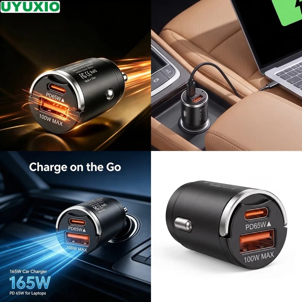 165W Low Profile Car Charger PD 65W USB C and 100W USB A Charging for Business Travel and Commuting Durable Zinc Alloy Mini Body