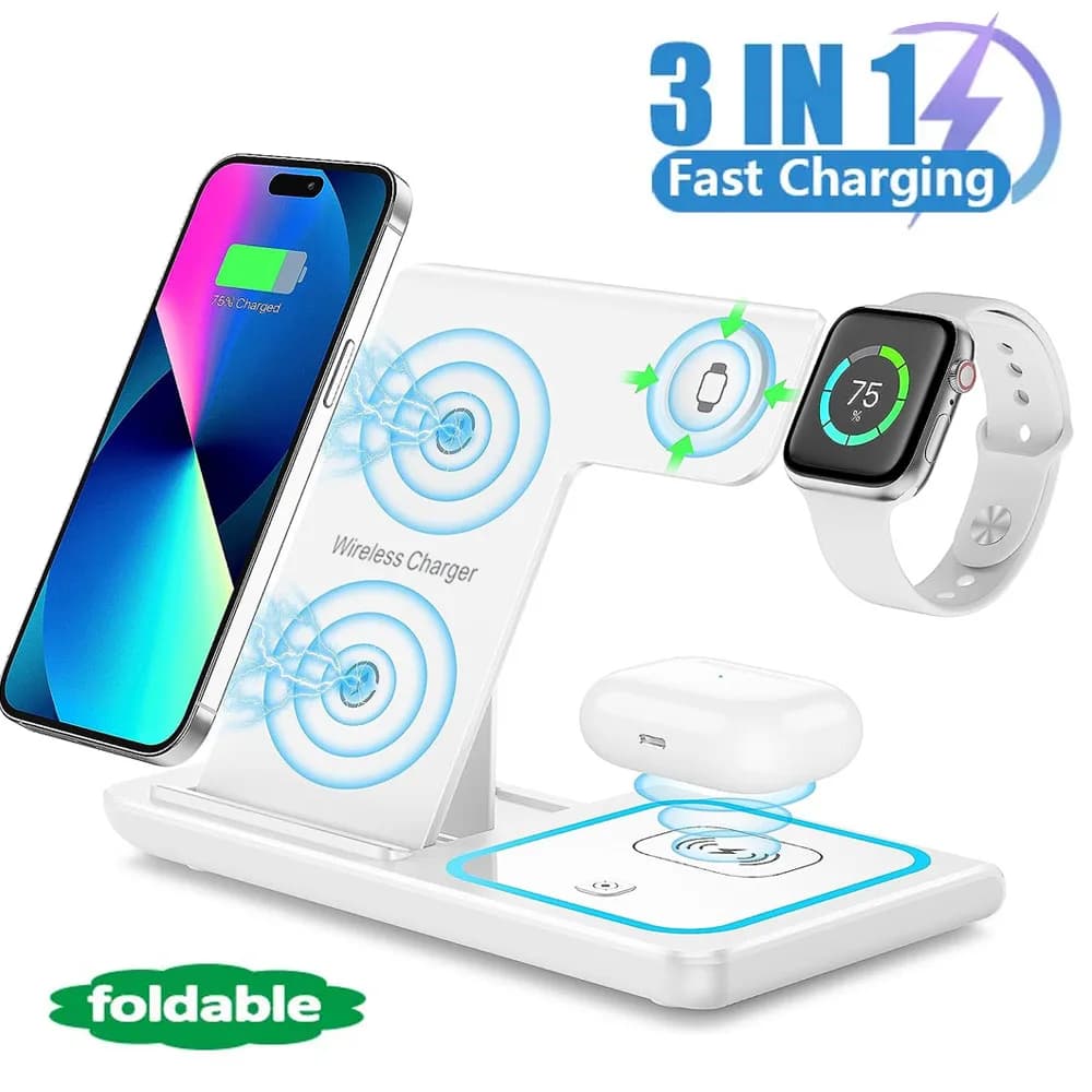 Foldable 3-in-1 LED Wireless Charging Station 15W Fast Charger Compatible with iPhone Series Apple Watch & AirPods Pro