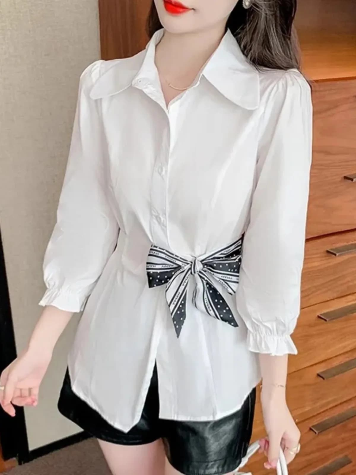 Slim Fit Women's Shirt Summer New Style Seven Sleeve Ladies Collar Top Belly Cover Fashionable plus Size Conceal Waist