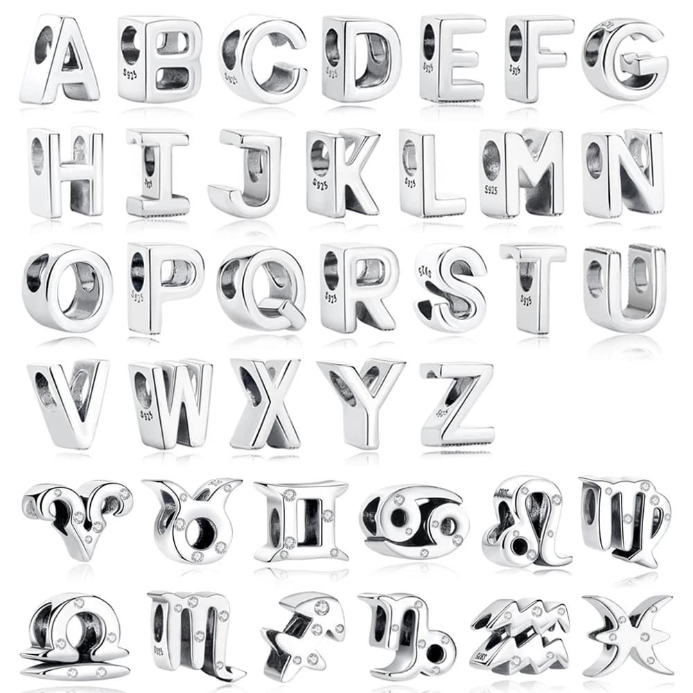 Ciondoli e Perline Originali in Argento Sterling 925, 12 Segni Zodiacali e Lettere A-Z (Virgo, Ariete), Compatibili con Bracciali e Collane di Marca, Gioielli da Donna