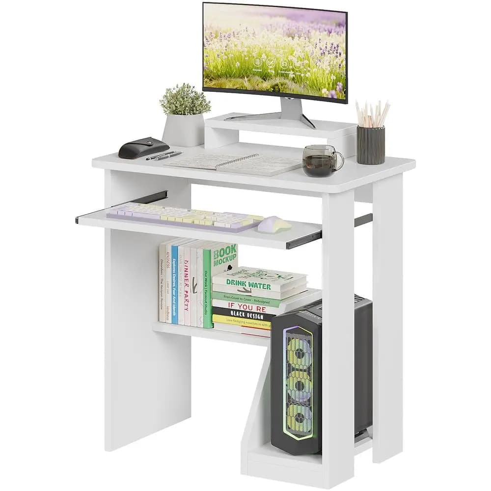 Piccola scrivania per computer con ripiano per tastiera e supporto per monitor, scrivania da studio con ripiani portaoggetti, postazione di lavoro moderna per piccoli spazi