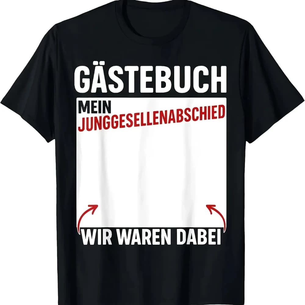 T-shirt da uomo per addio al single, con design a libretto degli ospiti, testo in tedesco e grafica a freccia, perfetta per le celebrazioni nuziali