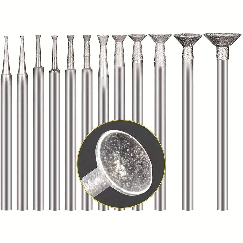 Set di frese diamantate a forma di ciotola da 12 pezzi, punte per intaglio della pietra con gambo da 3/32 pollici Frese diamantate concave Punte arrotonde per utensili rotanti