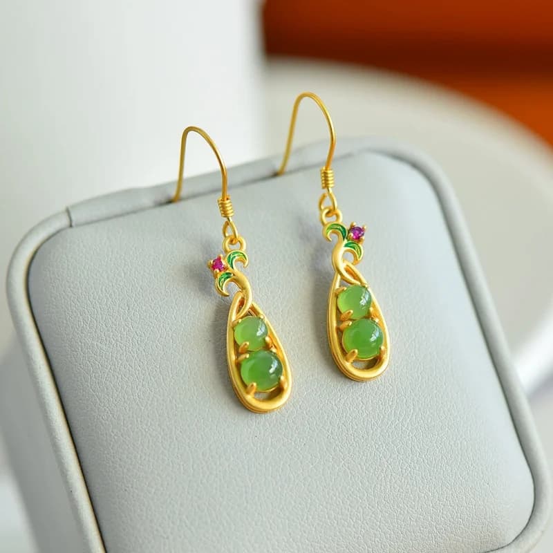 Orecchini da donna in argento S925 con giada Hetian e diaspro con superficie rotonda smaltata