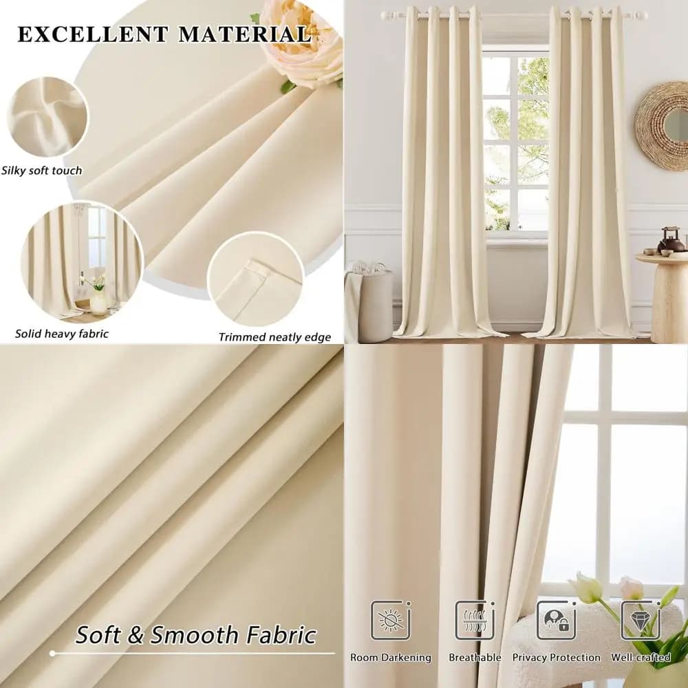 Thermal Dark Curtains, with Eyelets, 2 Panels, 132x274 cm, Beige Cream for Living/Bedroom