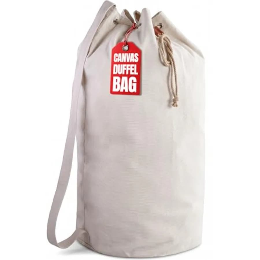 Handy Laundry Canvas Duffel Bag - Drawstring, Leather Closure, Shoulder Strap