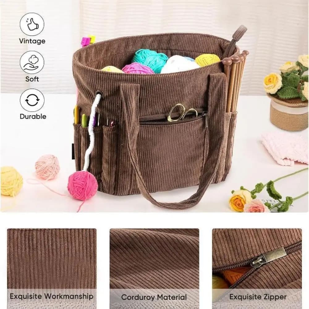 Large Corduroy Knitting Organizer Handbag Portable Yarn Storage Bag Crochet Tool Shoulder Tote Case DIY Needlework