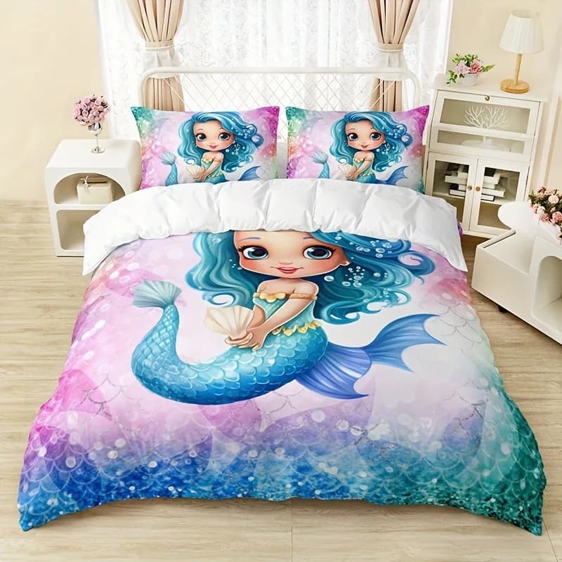 Sirena Principessa Ariel Camera da letto Set da 3 pezzi Set copripiumino Biancheria da letto 3D Biancheria da letto per bambini Set trapunta Queen Twin Home Anime