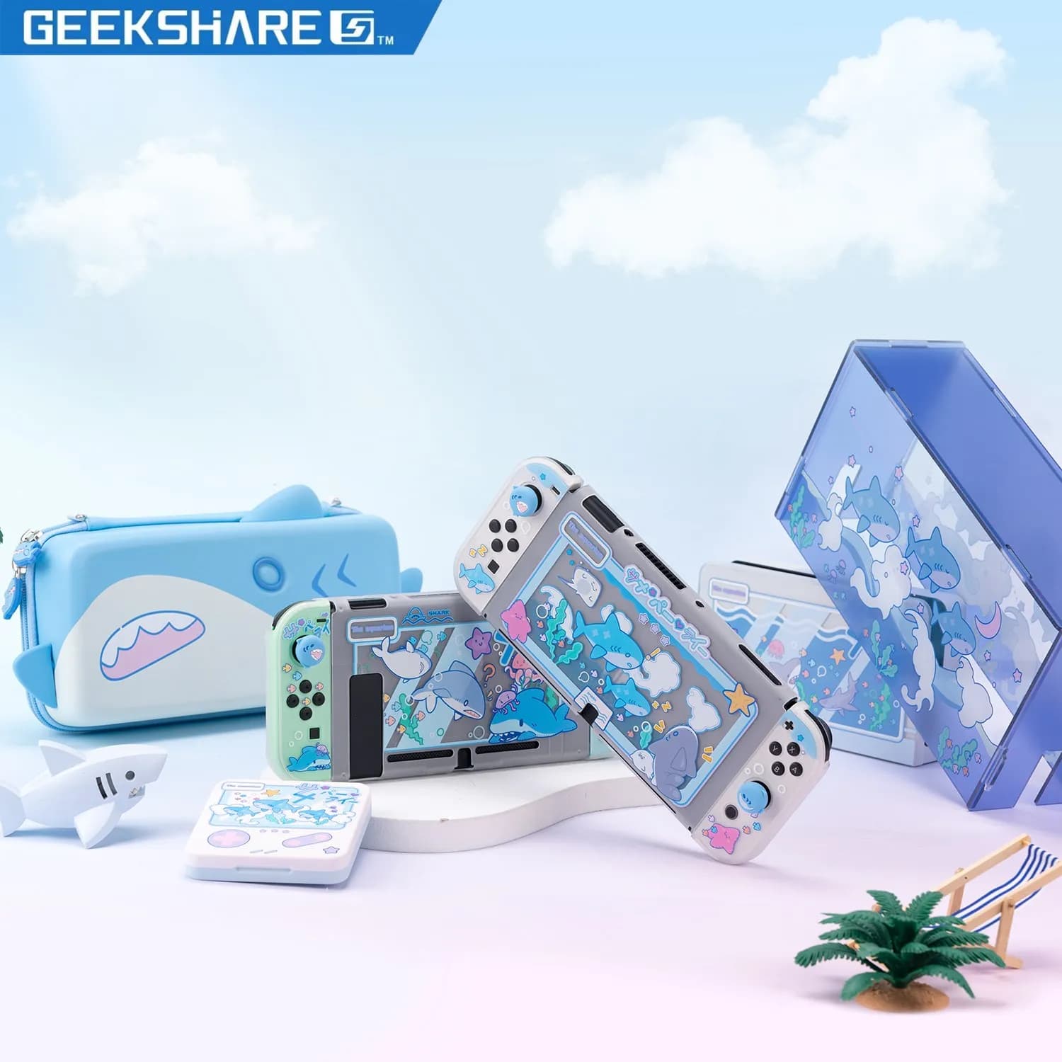 GeekShare Shark custodia protettiva custodia per il trasporto custodia antipolvere per copertura antipolvere per Nintendo Switch/OLED 4 pezzi Thumb Grip Caps accessori di gioco