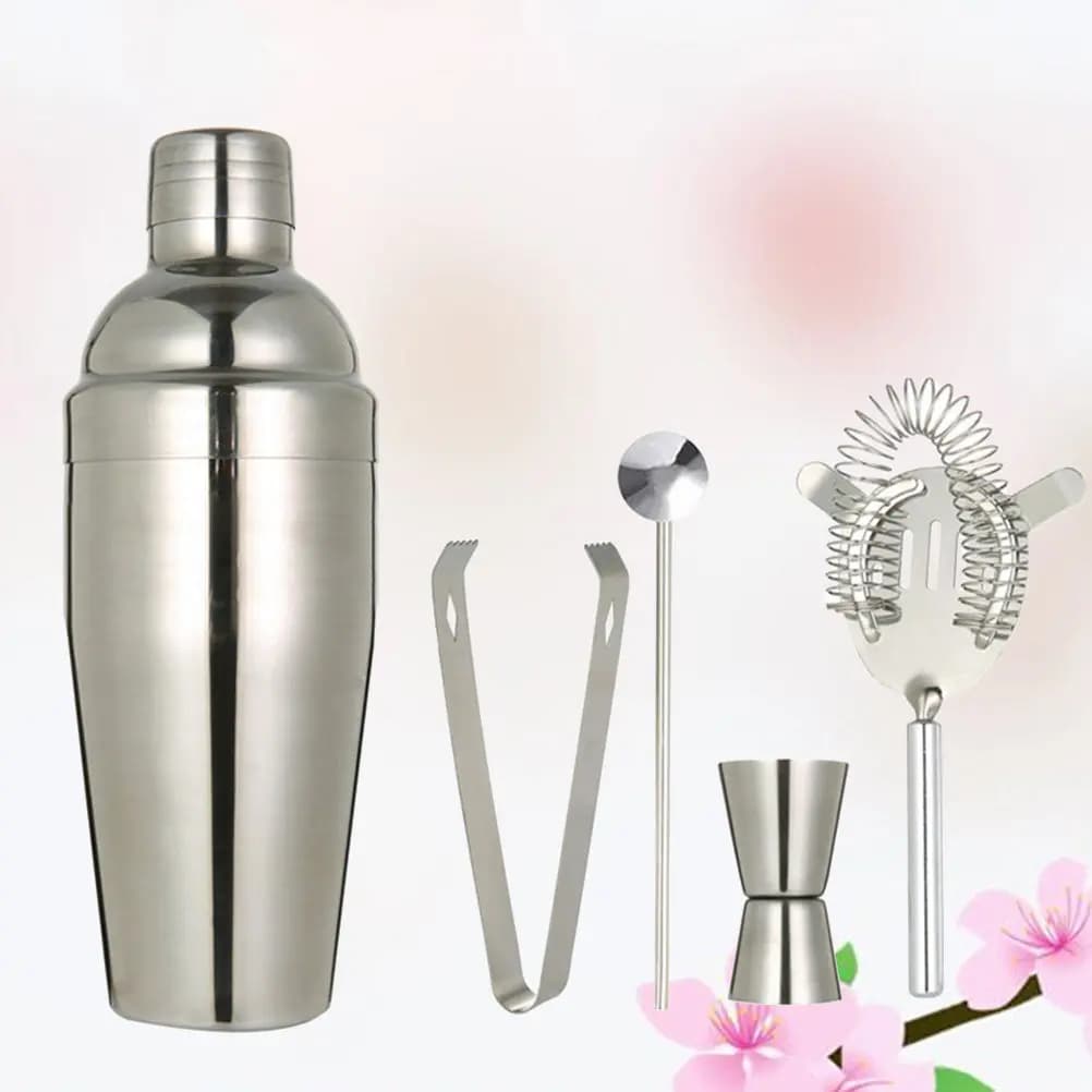 5Pcs Professional Stainless Steel Drink Mixer Kit Cocktail Shaker Set Bartender Tools for Mixing Shaking Measuring Serving