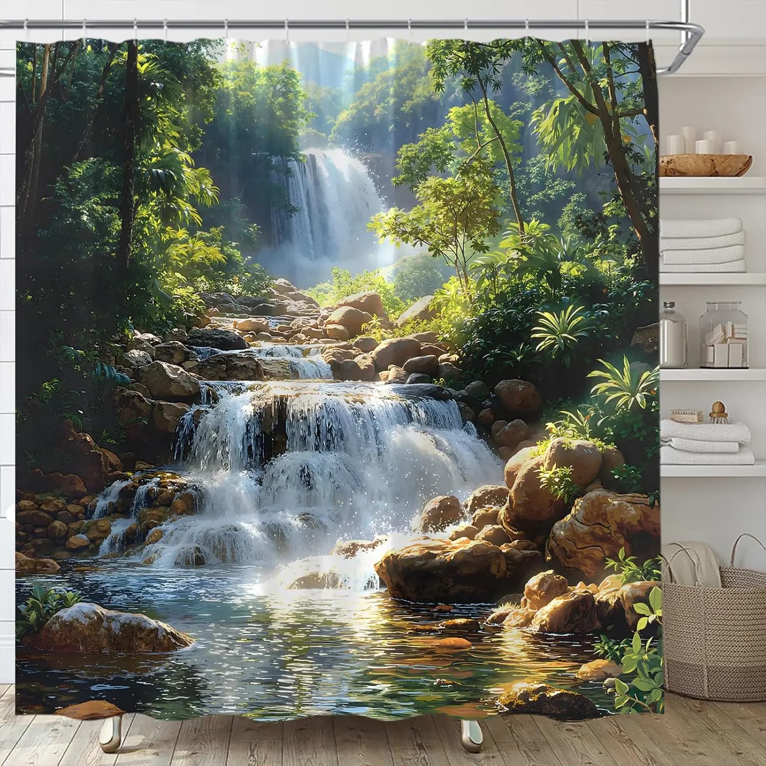 Tenda da doccia a cascata Foresta Cascata Natura Paesaggio Albero verde Paesaggio esterno Giungla tropicale Foresta pluviale Bagno in tessuto