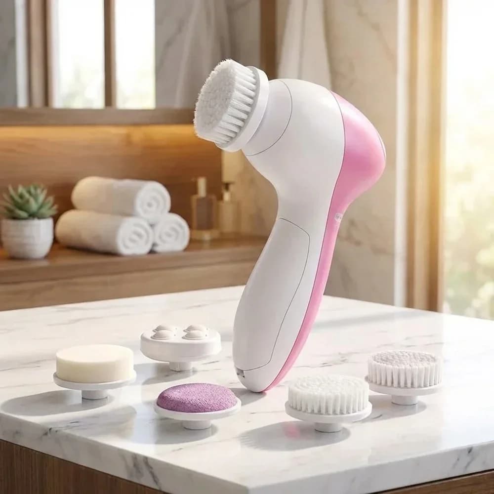 Spazzola Elettrica 5-in-1 per Pulizia Viso, Dispositivo Multifunzionale per la Cura della Pelle, Massaggiatore Spa, Rimozione Punti Neri, Pulizia Profonda