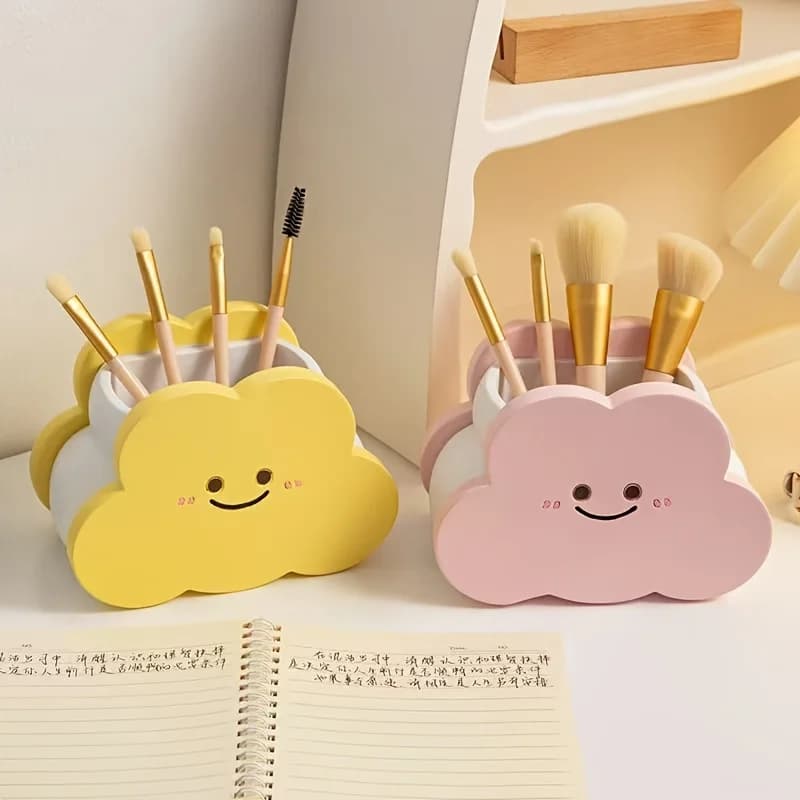 Simpatico volto sorridente Porta pennelli per trucco in resina Supporto per rossetto Organizzatore di strumenti cosmetici Portapenne da scrivania Kawai Portaoggetti per cancelleria
