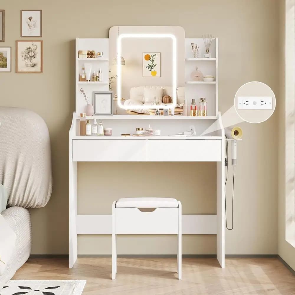 Specchio LED con Presa di Corrente, Tavolo da Trucco con 3 Cassetti, Supporto per Asciugacapelli, Bianco per Camera da Letto o Spogliatoio