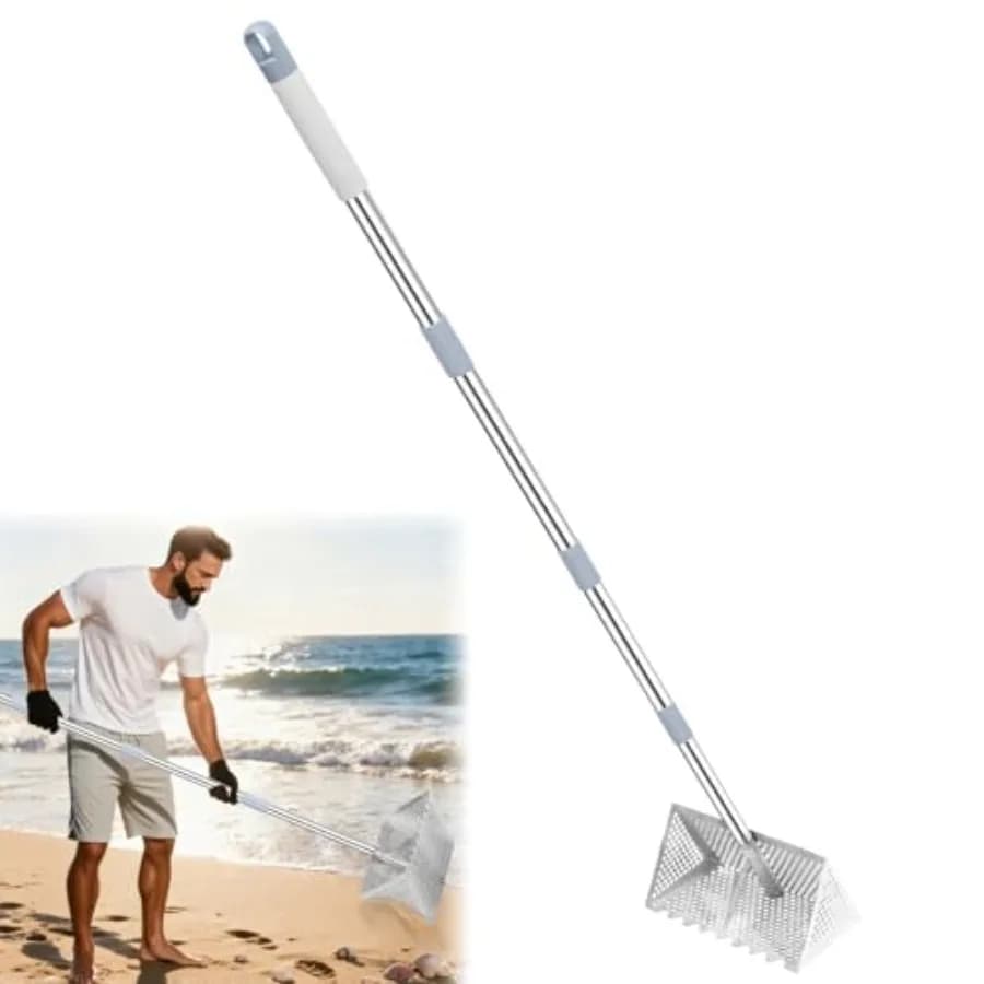 Rastrello per Sabbia con Manico Lungo 65 Pollici in Acciaio Inossidabile - Setaccio a Maglia Larga 13 Pollici a Denti di Squalo per Spiaggia/Mare