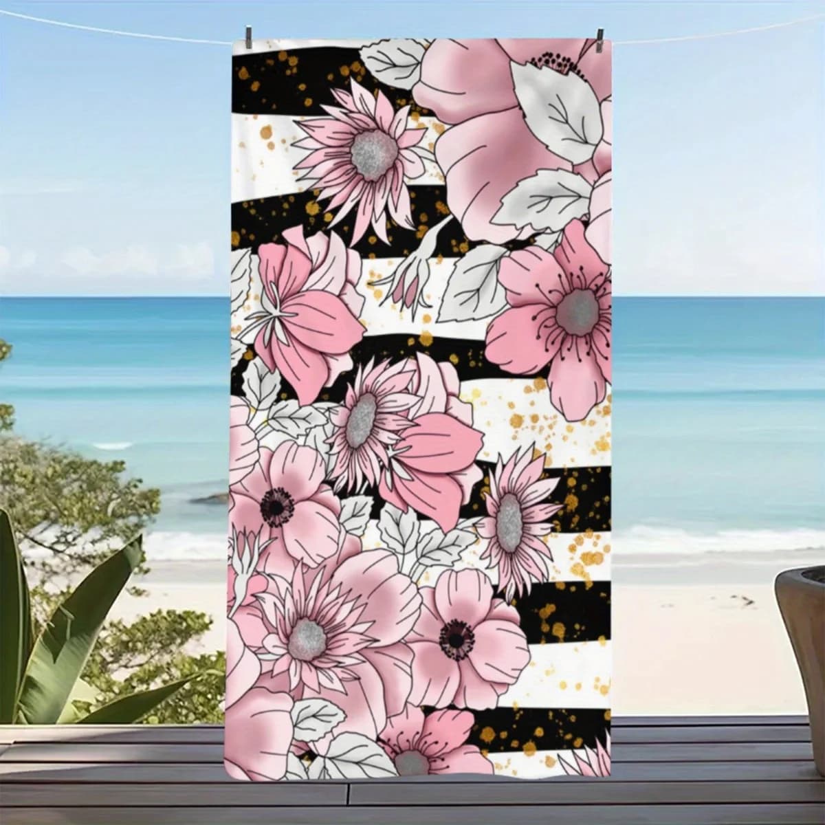 Asciugamano da spiaggia in microfibra Strisce floreali rosa con glitter dorati Asciugatura rapida Morbido e durevole Piscina Viaggio Decorazione del bagno Mare