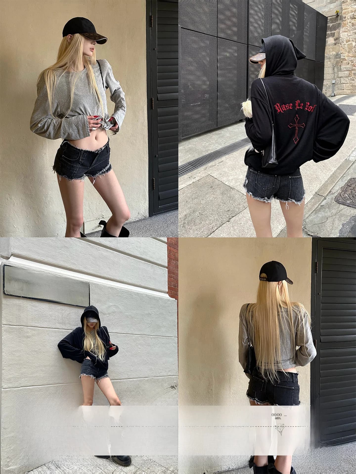 Shorts in denim strappati a vita bassa neri e grigi, hot pants a gamba dritta in misto cotone casual da donna