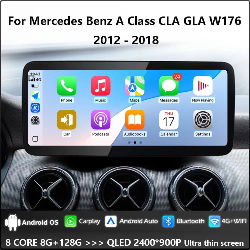 Android 15 GPS Autoradio Lettore Multimediale Per Mercedes Benz Classe A CLA GLA W176 2012 - 2018 QLED Touch Screen 4G BT di Navigazione