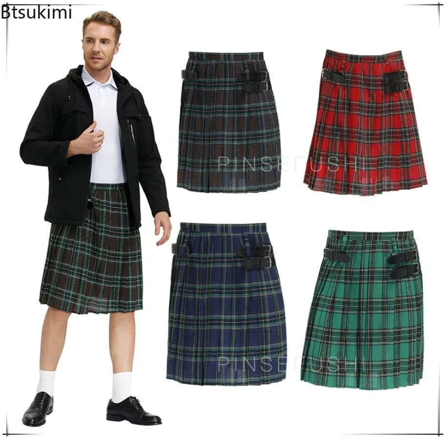 Gonna scozzese da uomo ScottishTraditional Highland Tartan Kilt Gonna a pieghe scozzese Spettacolo teatrale Vestito cosplay Gonna fantasia di Halloween