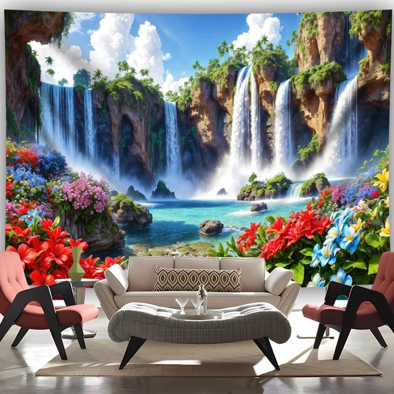 VIKAMA Tropical Waterfall Tapestry Lush Floral Rainforest Lake Design Aesthetic Healing Wall Art for Bedroom Living Room Decor