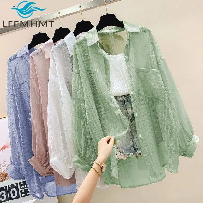 Women's long sleeve chiffon shirt with buttons, slim sun protective summer cardigan, versatile and wide casual blusa, air conditioner top