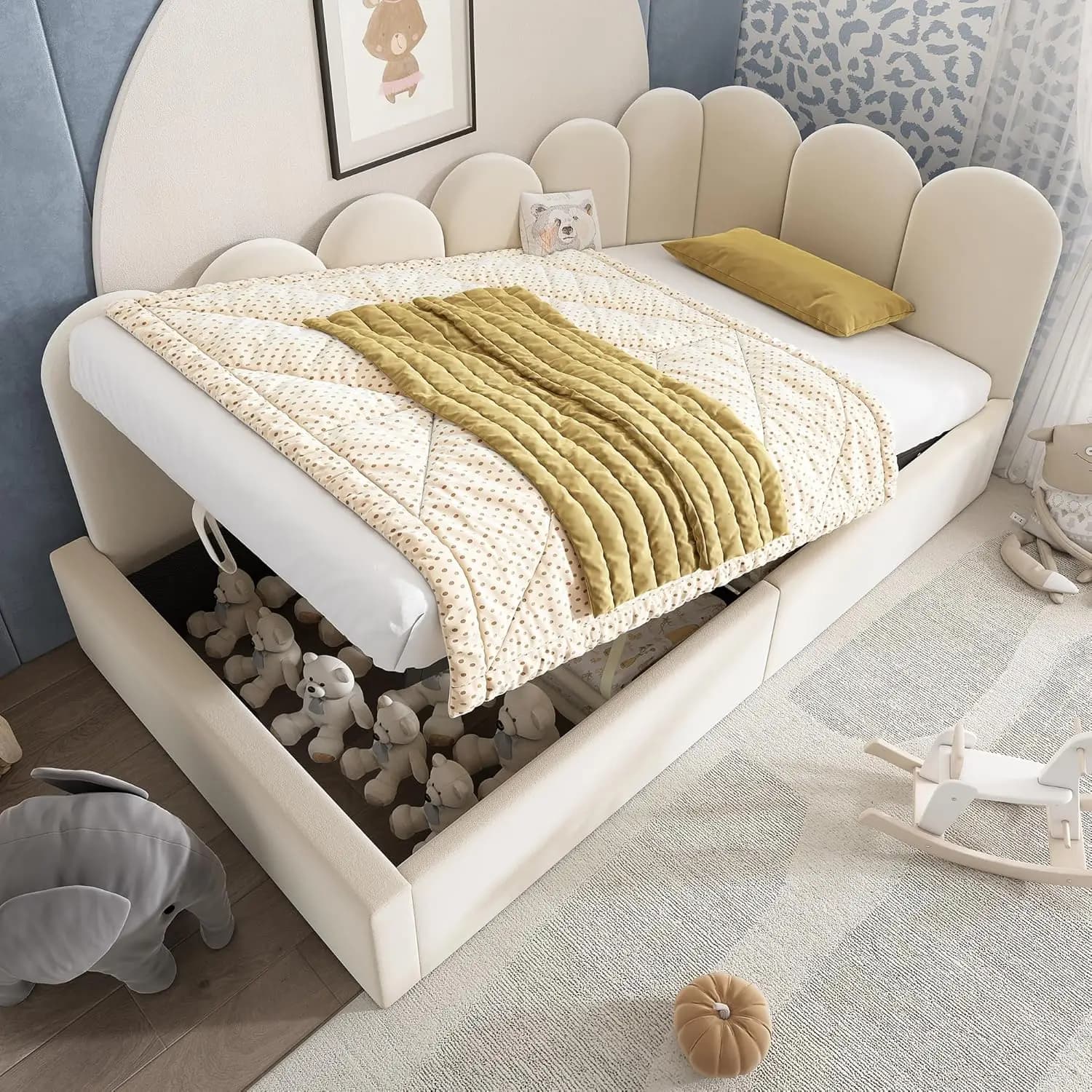 Divano letto singolo in velluto con contenitore, letto angolare a L imbottito con contenitore idraulico e personalizzabile