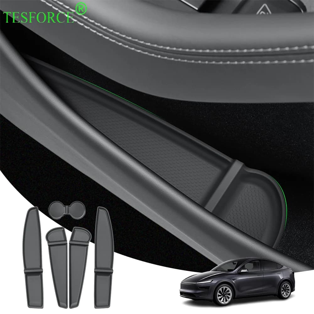Per Tesla Modello Y Juniper 2025 Porta Auto Pad di Stoccaggio TPE Controllo Centrale Portabicchieri Acqua Tazza Posteriore Zerbino Organizzatore Vassoio Accessori
