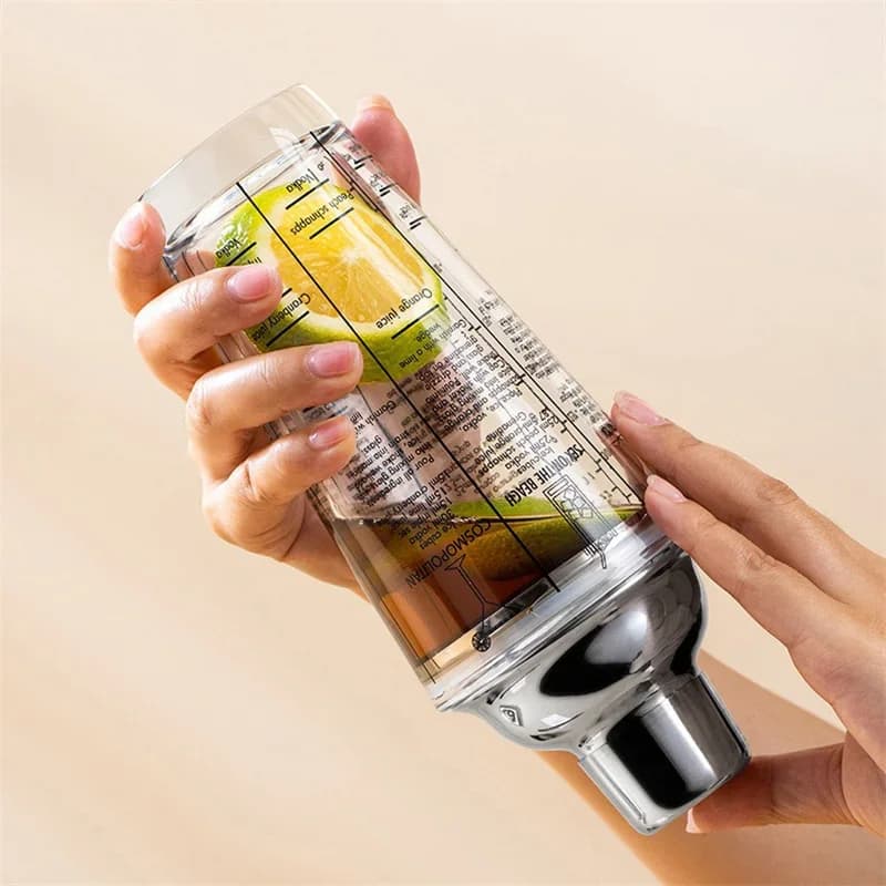 Glass Cocktail Shaker Hand Shaker Cup with Scales 400/600ML Metallic Steel Lid & Strainer Milk Tea Wine Drink Shaker Mixer Bar