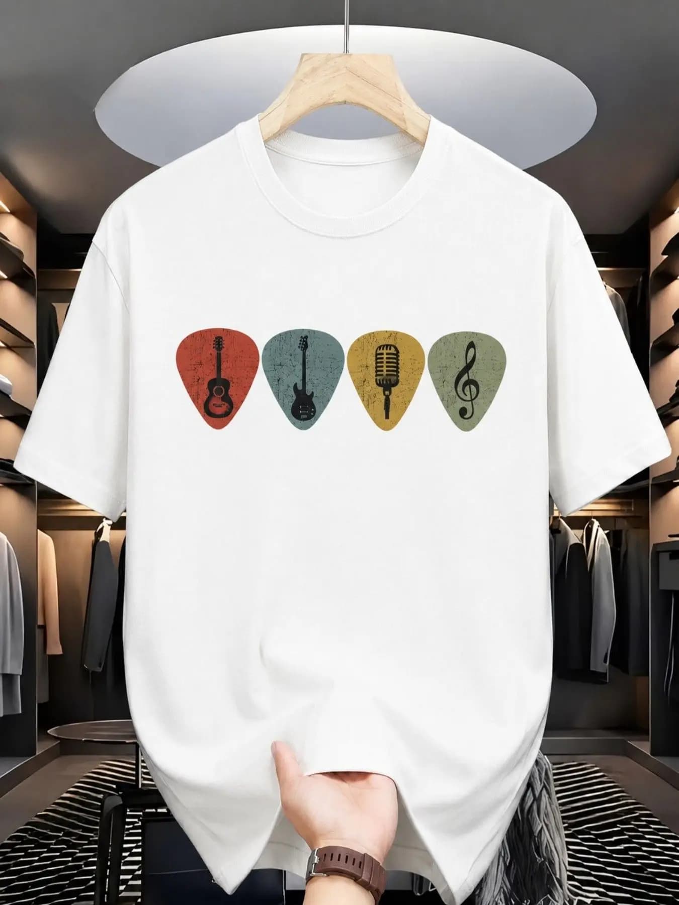 Men's Guitar Pick Music Graphic Crewneck Casual T-Shirt for Music Lovers Daily Wear