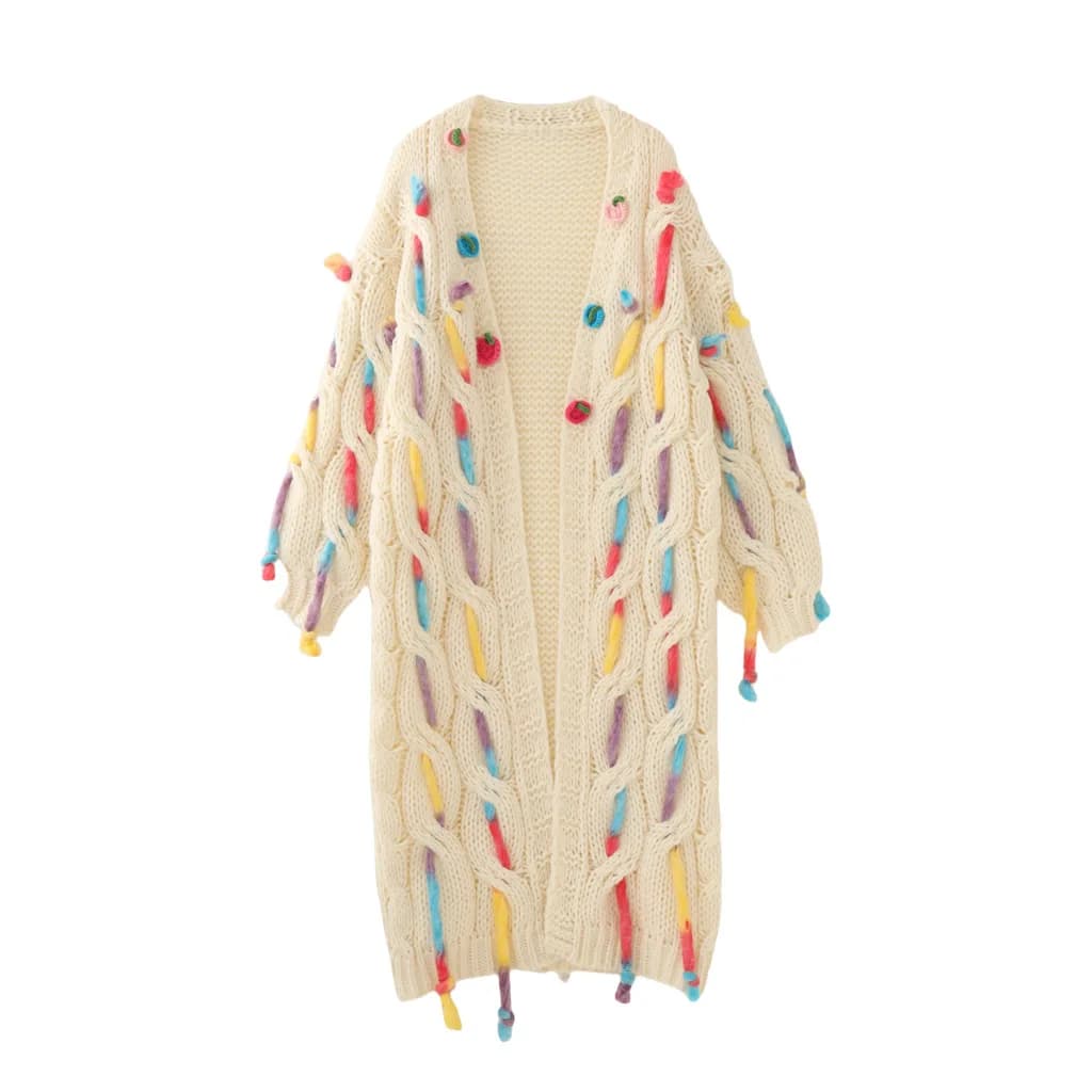 Giacca cardigan lavorata a maglia di media lunghezza con decorazione floreale tridimensionale intrecciata a mano con ago spesso per maglione da donna