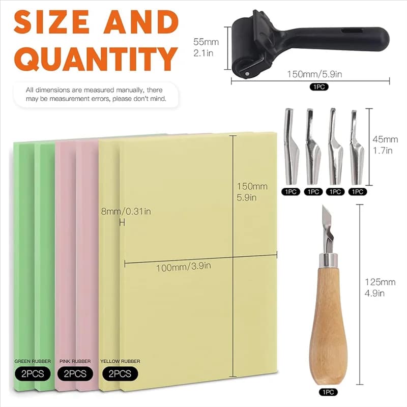 AC23-12 pezzi Kit per la creazione di timbri in gomma con blocco di timbri, rullo Brayer in gomma, utensile da taglio per intaglio di gomma e legno Installazione semplice