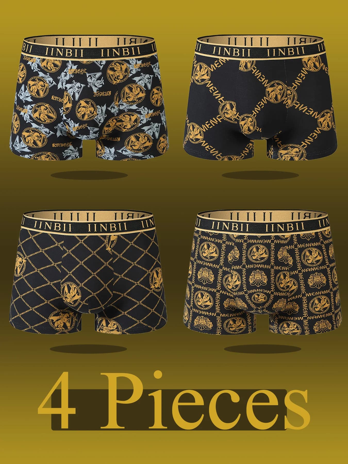 4PCS High-end men's printed boxer shorts, breathable and comfortable, black and gold printed men's underwear