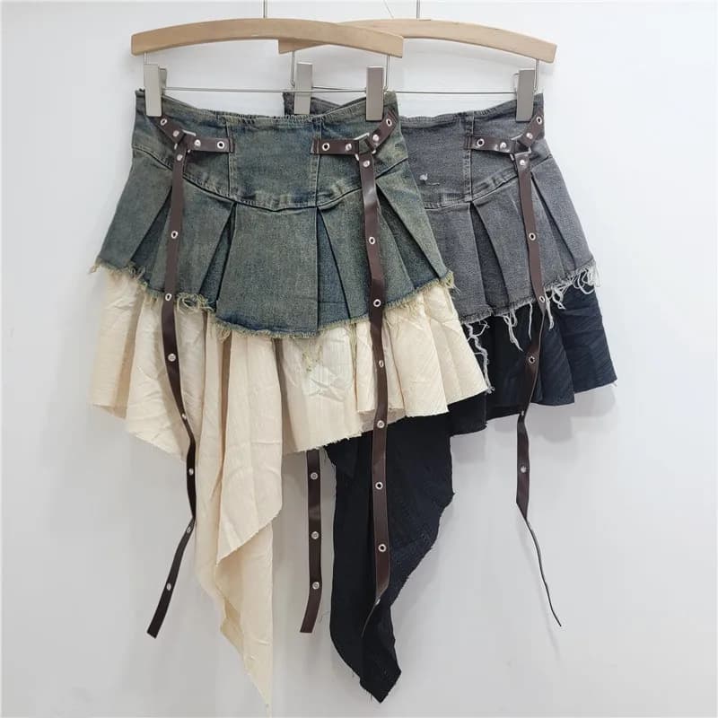 Vintage Denim Pleated Mini Skirt Women Irregular Patchwork Layered Skirt with Rivet Belt Y2K Streetwear Bottoms