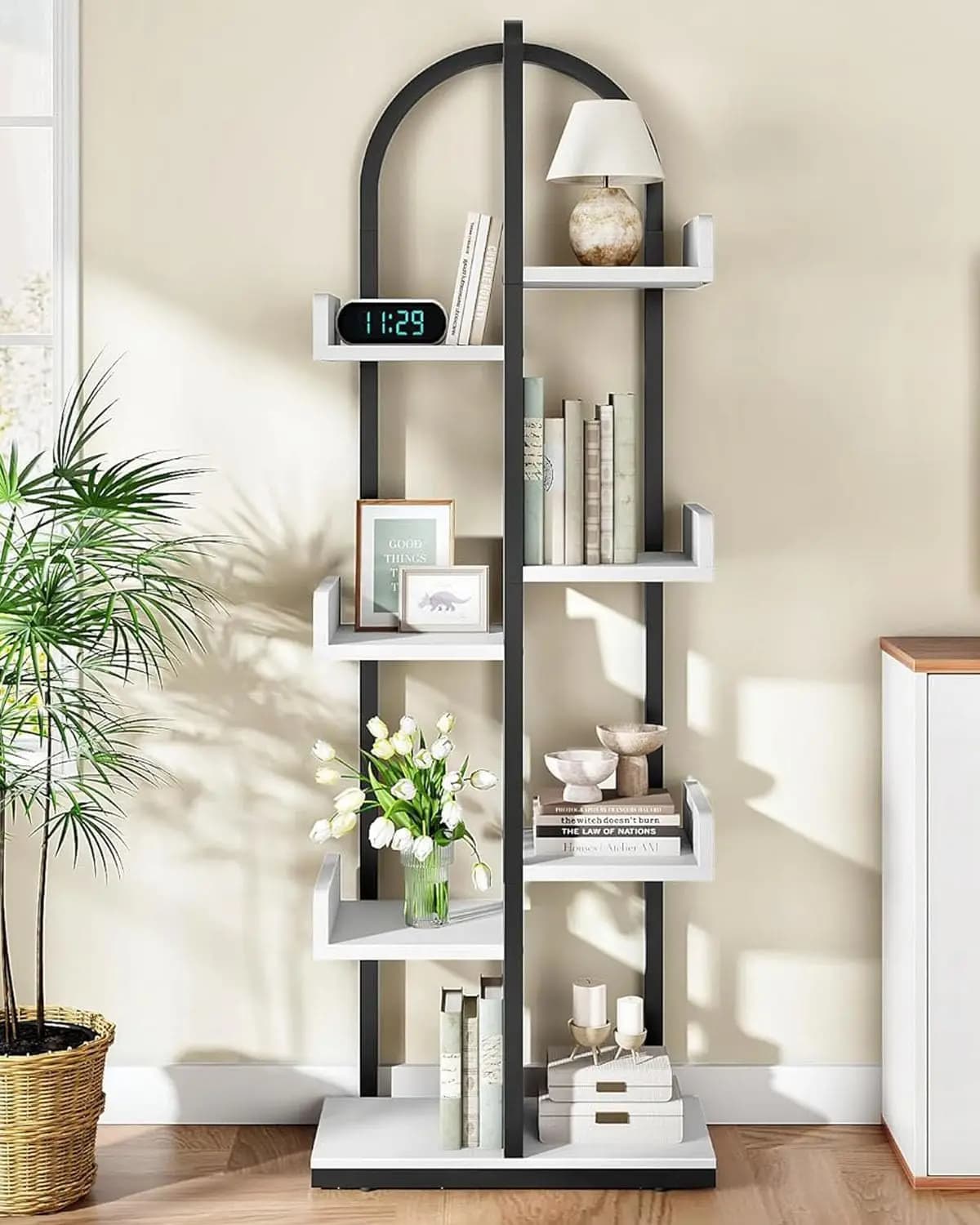 Libreria angolare curva a 6 ripiani con kit anti-ribaltamento, piedini regolabili per soggiorno, camera da letto, ufficio - Bianco e Nero