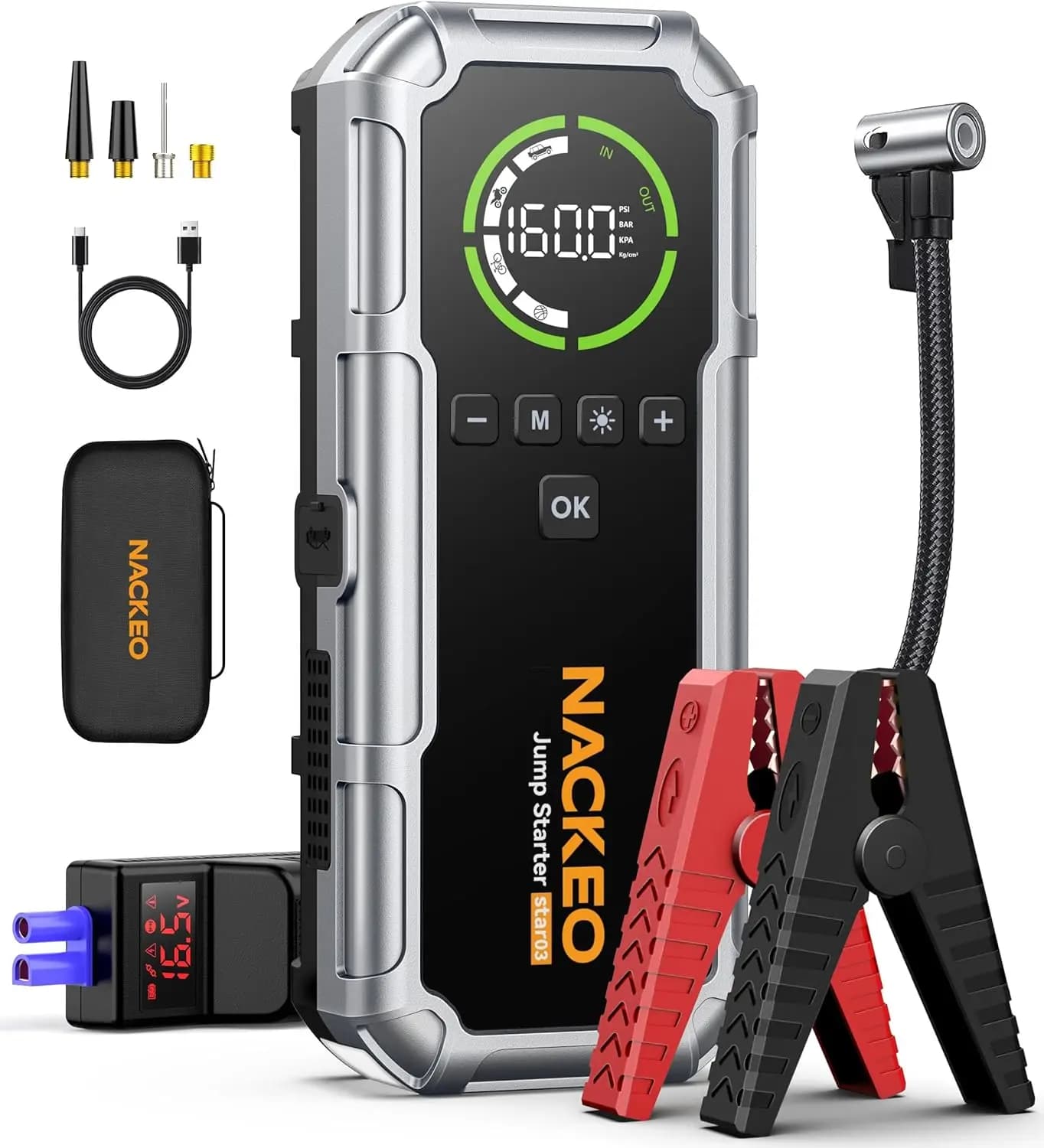 Avviatore di Emergenza 8000A con Compressore d'Aria, 160PSI, Alimentatore Portatile per Auto, Luce LED e Display LCD
