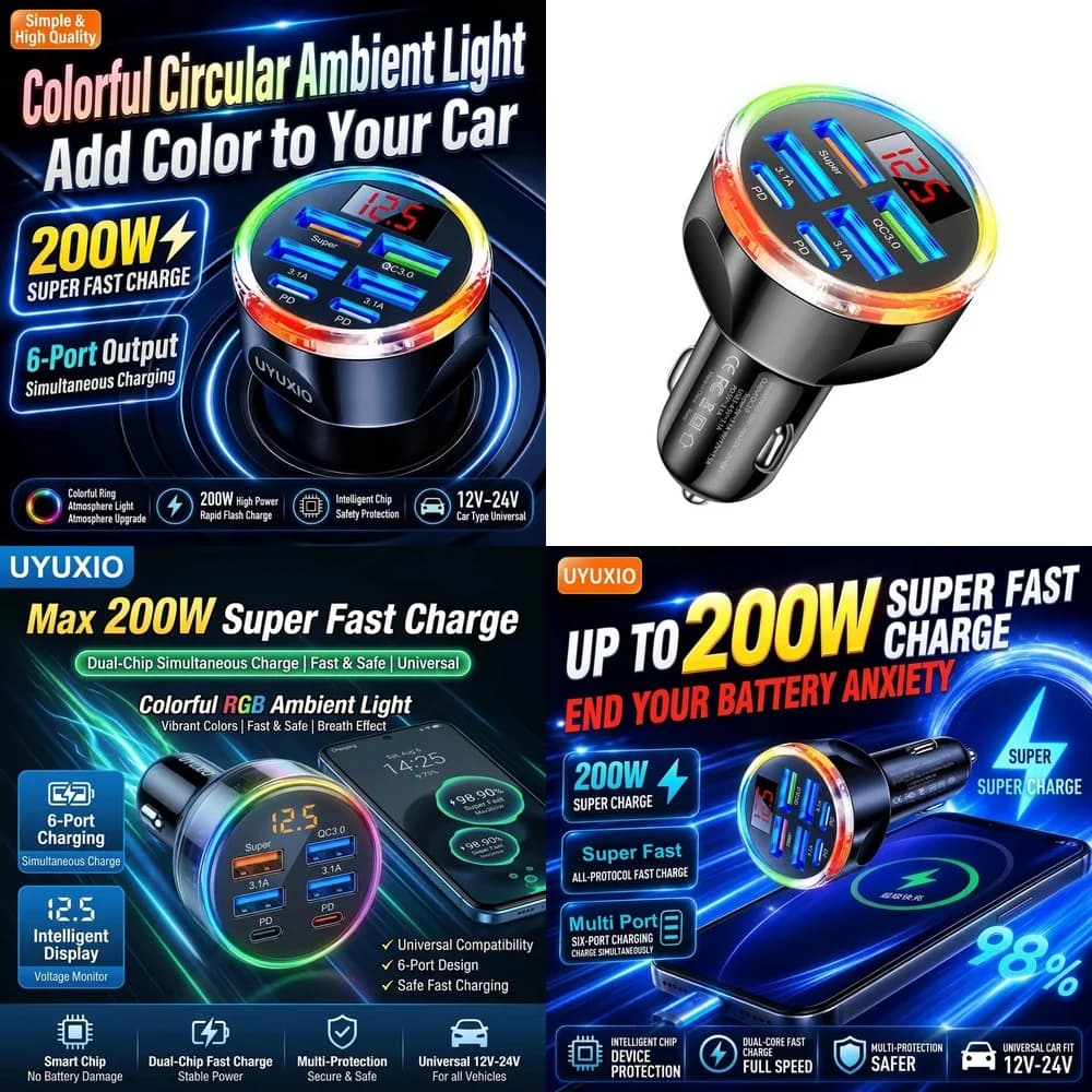 Fast Charging 6 in 1 Car Adapter New Products 2026 for iPhone 18 17 16 Samsung S26 S25 S24 with Fast Charging RGB LED Light Hub