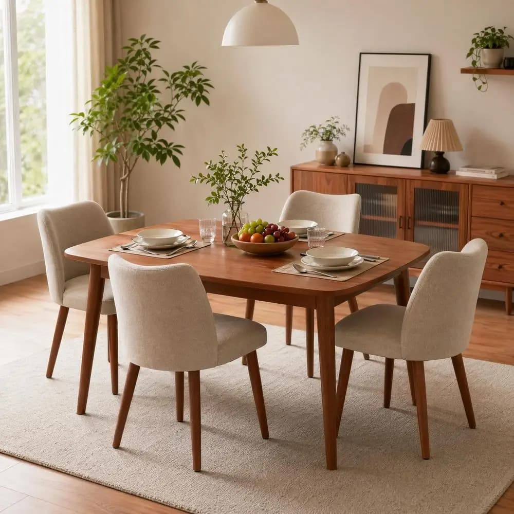 Wooden Dining Chairs Set of 4, Upholstered Mid Century Dining Chairs with Thick Seat Cushion and Curved Back for Dining Kitchen