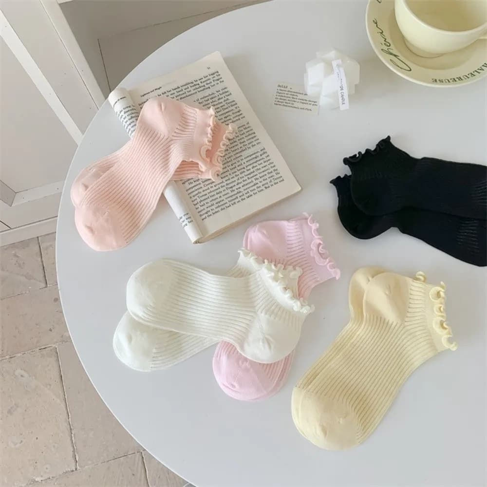 Fashion Thin Ruffle Socks Breathable Solid Colors Short Socks Cotton Hollow Out Socks for Daily Wear