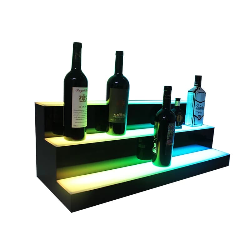 Espositore per Bottiglie a 3 Livelli in Acrilico Lucite Illuminato, Scaffali per Liquori, Supporto per Bottiglie con Luci LED e Telecomando