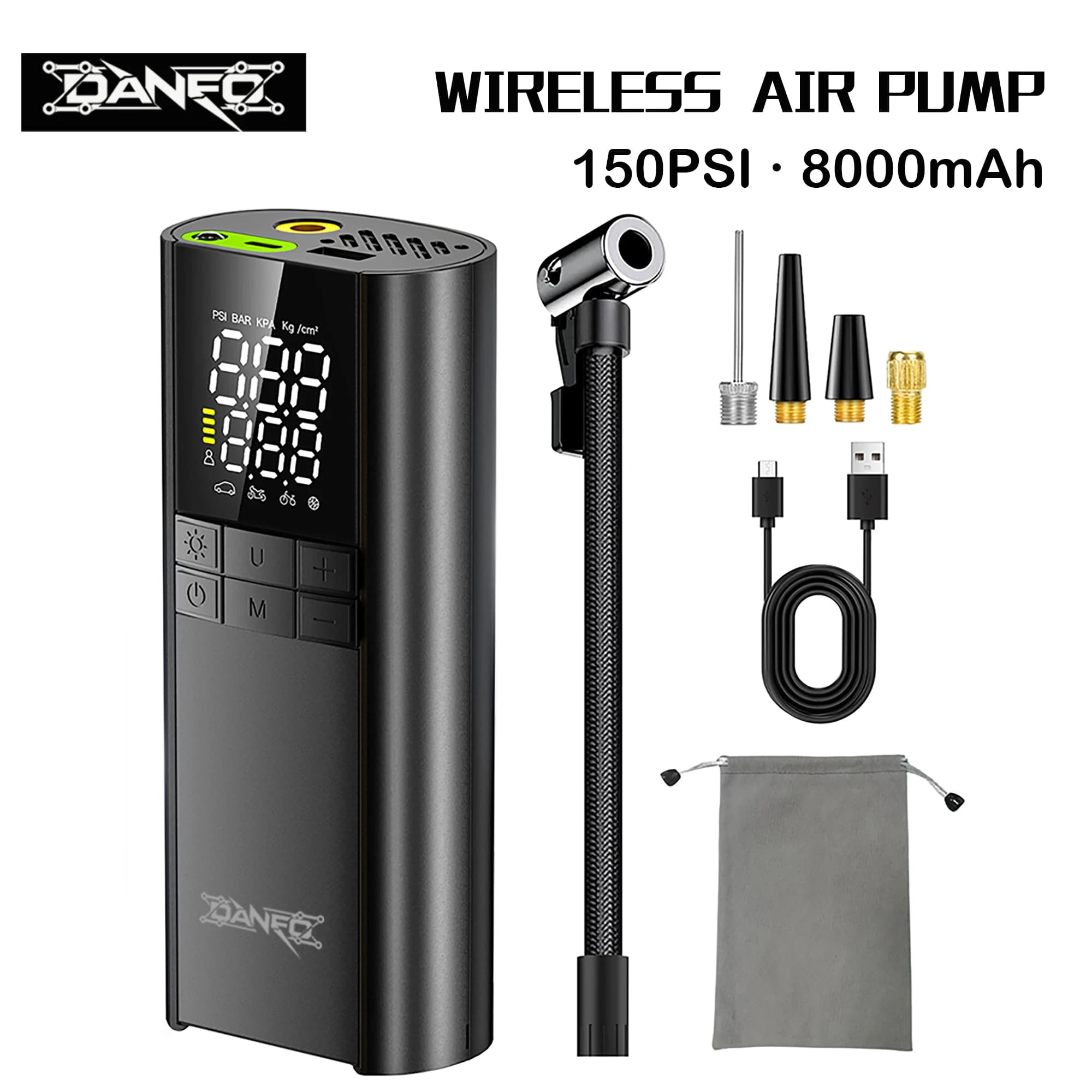 DANEO Pompa Elettrica per Bici 150PSI, Gonfiatore Portatile per Pneumatici, Compressore d'Aria Senza Fili 8000mAh, Veloce per Auto, Moto, Bici, Palloni