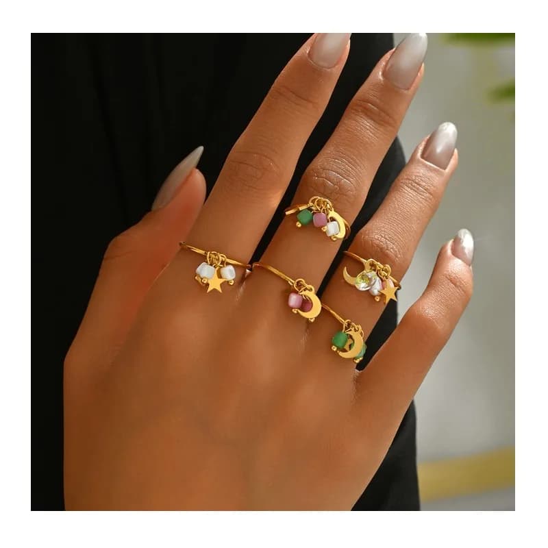 Anello Geometrico da Donna Personalizzato con Perline di Riso Incastonate, Design Stella e Luna, Anello Aperto Versatile per Dito Indice