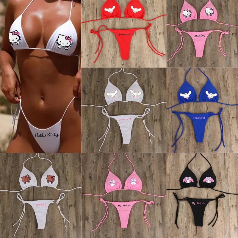 Set Bikini Anime Y2K Hello Kitty, Costume da Bagno Estivo Kawaii Kuromi Melody, Slip Morbidi con Laccetti Laterali, Costume da Bagno Carino per Ragazze con Motivi Cartoon