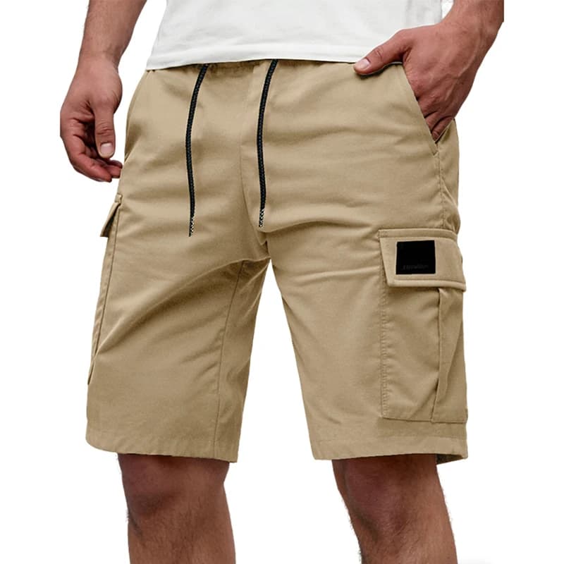 Pantaloncini Cargo da Lavoro Kaki da Uomo Estivi Multitasche con Coulisse in Vita Elastica Tinta Unita Sportivi