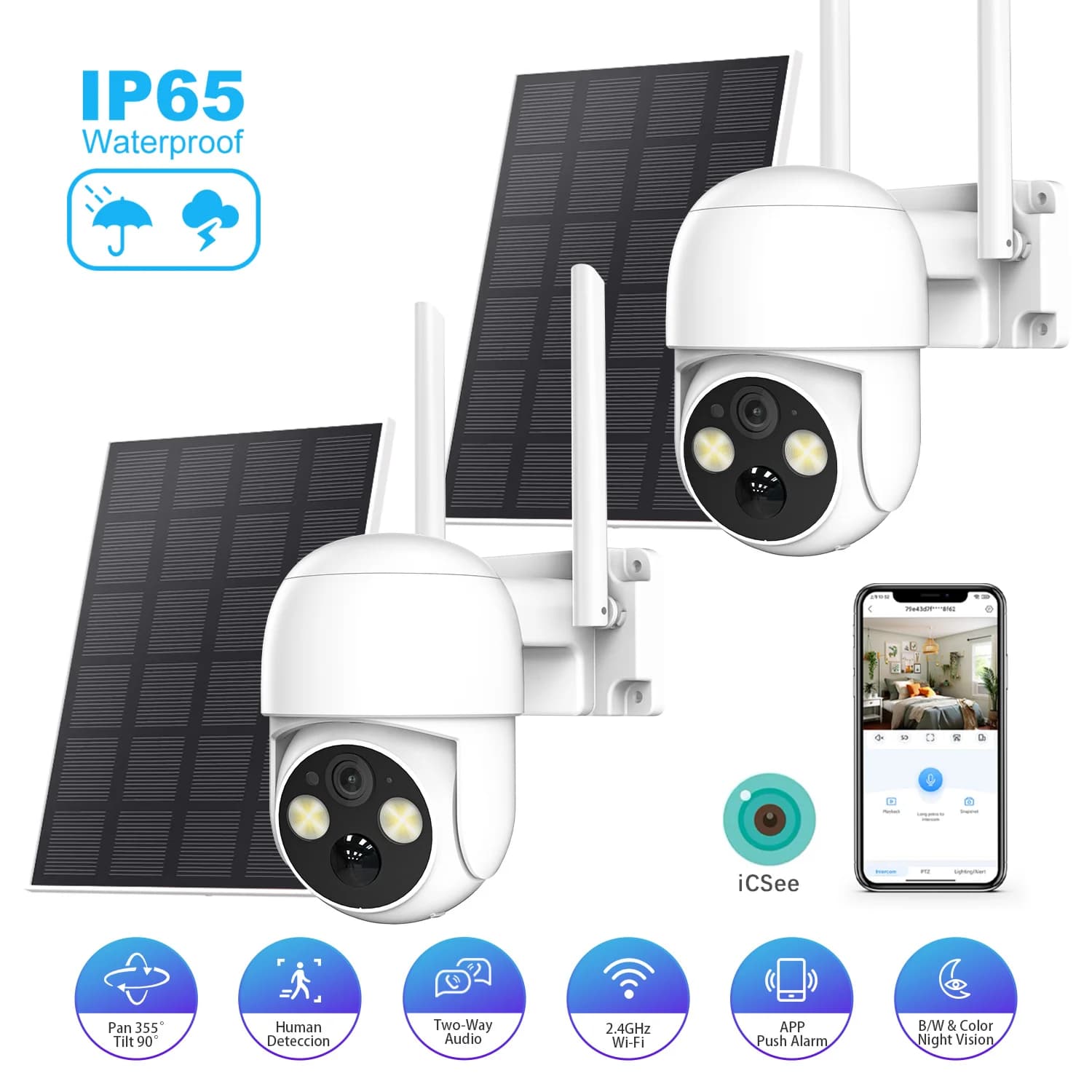 Telecamera di sicurezza esterna wireless ad energia solare XVIM da 2 pezzi da 5 MP IP65 impermeabile 360 ° Audio bidirezionale per visione notturna a colori Pan/Tilt