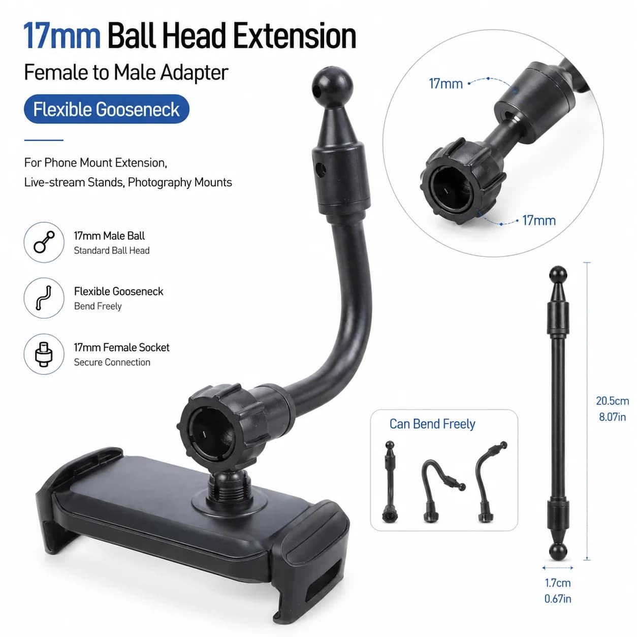 17mm Female to 17mm Male Ball Head Flexible Gooseneck Extension Arm Connector for Car Phone Holder Camera Mount Stand