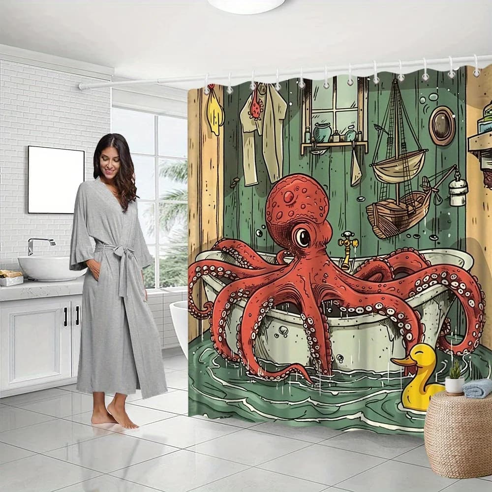 Tenda da doccia con polpo in vasca da bagno – Polpo e anatra gialla in stile cartone animato, arte vintage per vasca, poliestere, include ganci, 70,8×70,8 pollici