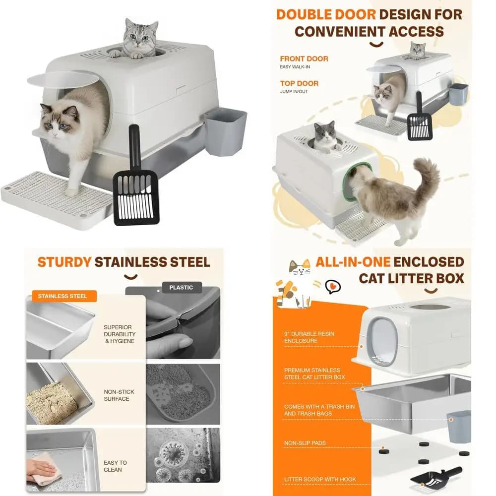 Lettiera per Gatti Grande Bianca in Acciaio Inossidabile con Coperchio, Design a Bordo Alto, Include Paletta e Contenitore per Rifiuti