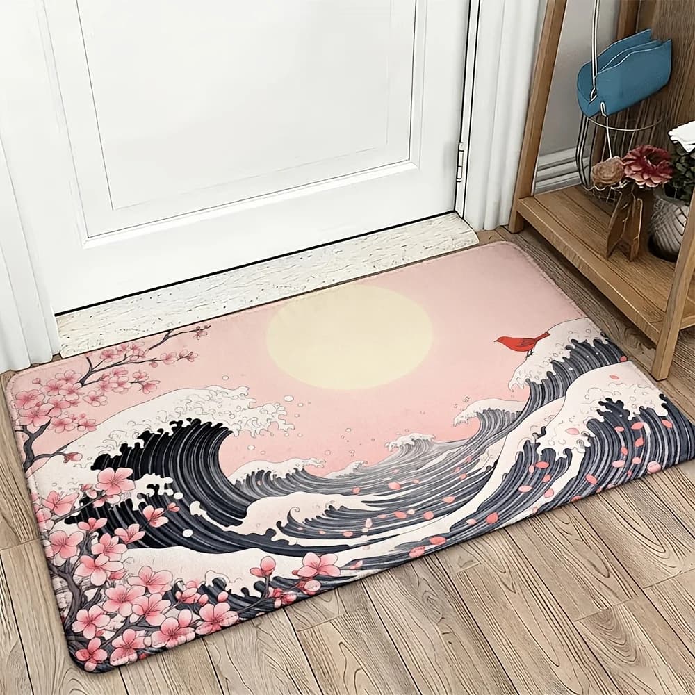 Tappetino per porta in stile anime Sakura Cherry Blossom Wave, tappeto floreale giapponese per ingresso, decorazione per la casa, tappetino impermeabile per interni ed esterni